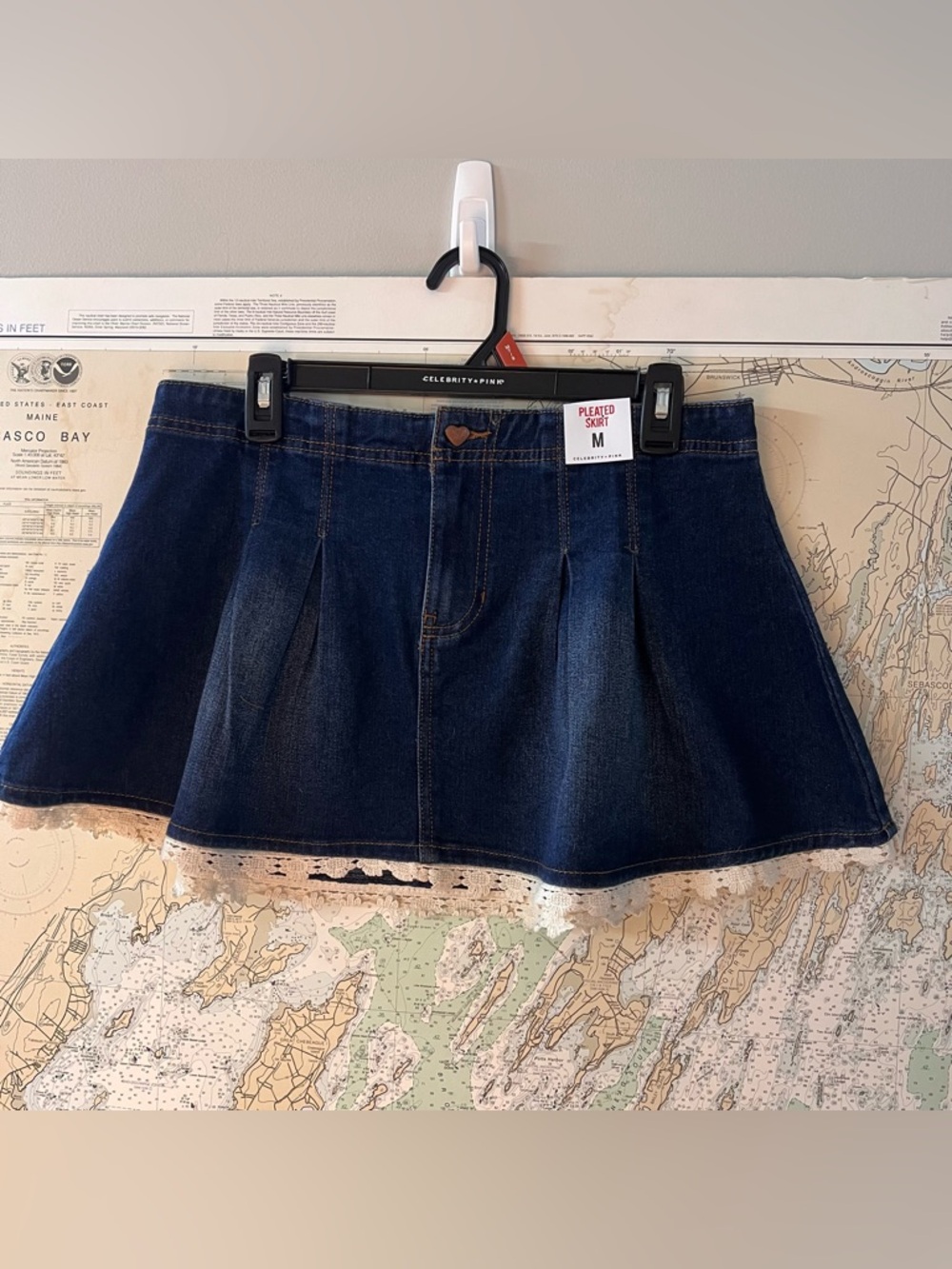 NWT! Pleated Skirt By Celebrity Pink Skirt Size M Denim Pleated Lace Hem Mini